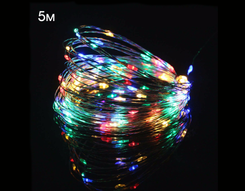 Гирлянда светодиодная Огонек OG-LDG07 проволочная, LED Мультицвет, 5 метров, питание 2*АА