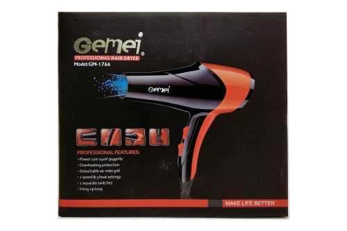 ФЕН Gemei Professional GM-1766, 2600W, 3 насадки, 2 скорости фото 4