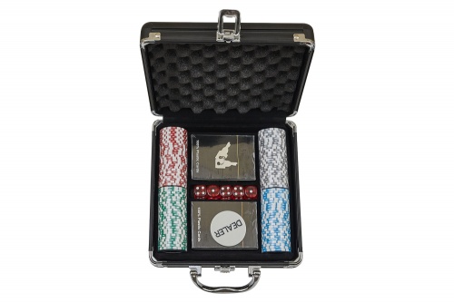 Набор для покера Crown POKER GAME в алюминиевом черном кейсе, 100 фишек + 2 колоды карт + 5 кубиков фото 5