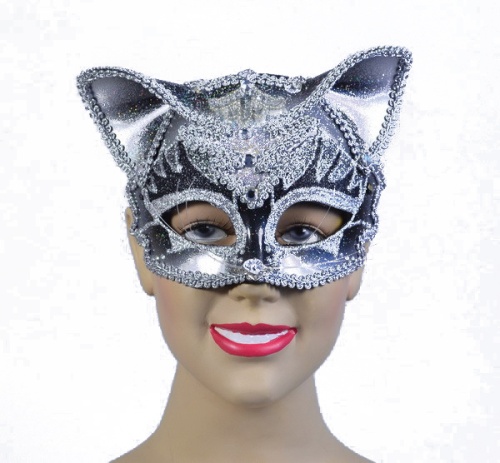 Полумаска Кошка черная с серебром ЕМ419, пластмассовая, без размера