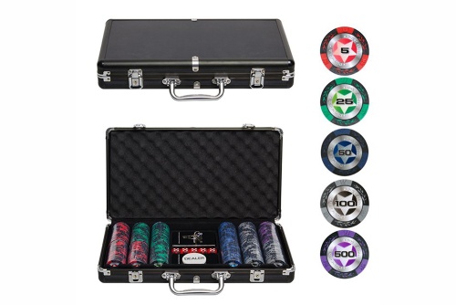 Набор для покера Black Stars POKER в алюминиевом черном кейсе, 300 фишек + 2 колоды карт + 5 кубиков