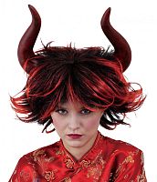 Парик красный с большими рогами 75539, синтетическое волокно, длина 28 см