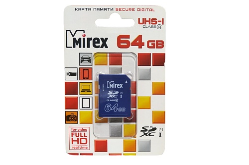 Карта памяти MIREX SDXC UHS-I 64Gb Class 10 для записи RAW и Full HD 104Мб/с-45Мб/с