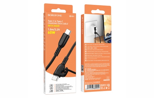 Кабель для Android BOROFONE X91 CHARGING DATA CABLE PD60W TYPE-C - TYPE-C с крючком, Черный, 1 м