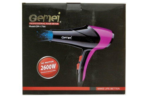 ФЕН Gemei Professional GM-1766, 2600W, 3 насадки, 2 скорости фото 3