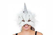Маска Единорог лохматый EM807, белая полумаска, (Перья, пластмасса, тесьма), без размера