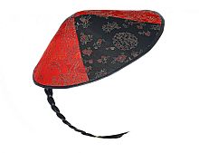 Шляпа китайская красно-черная с косичкой 2595C, фетр черный красный, волос искусств., размер 33 см