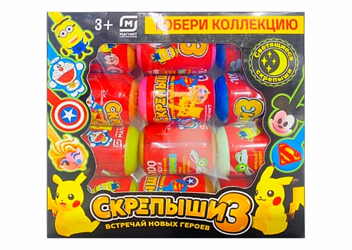 СКРЕПЫШИ 3 стяжки-скрепки Ассорти СУПЕРГЕРОИ капсула мини, набор 12 шт в коробке СКРЕПЫШИ 3 стяжки-скрепки Ассорти СУПЕРГЕРОИ капсула мини, набор 12 шт в коробке
