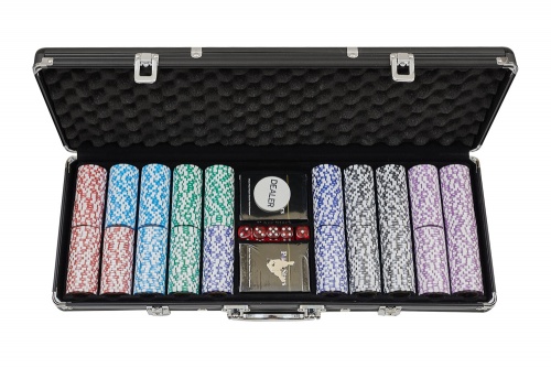 Набор для покера Crown POKER GAME в алюминиевом черном кейсе, 500 фишек + 2 колоды карт + 5 кубиков фото 9