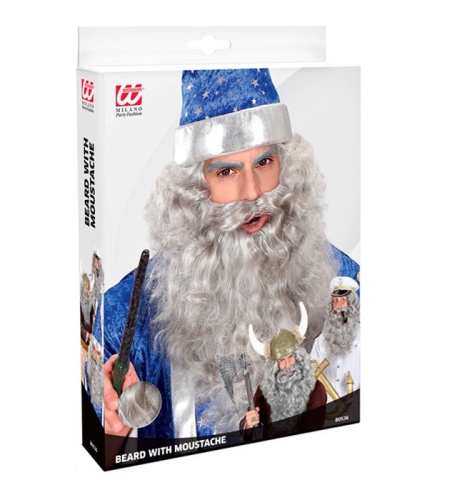 Борода с усами серая кудрявая (усы, борода), серый синтетический волос, полиэстер